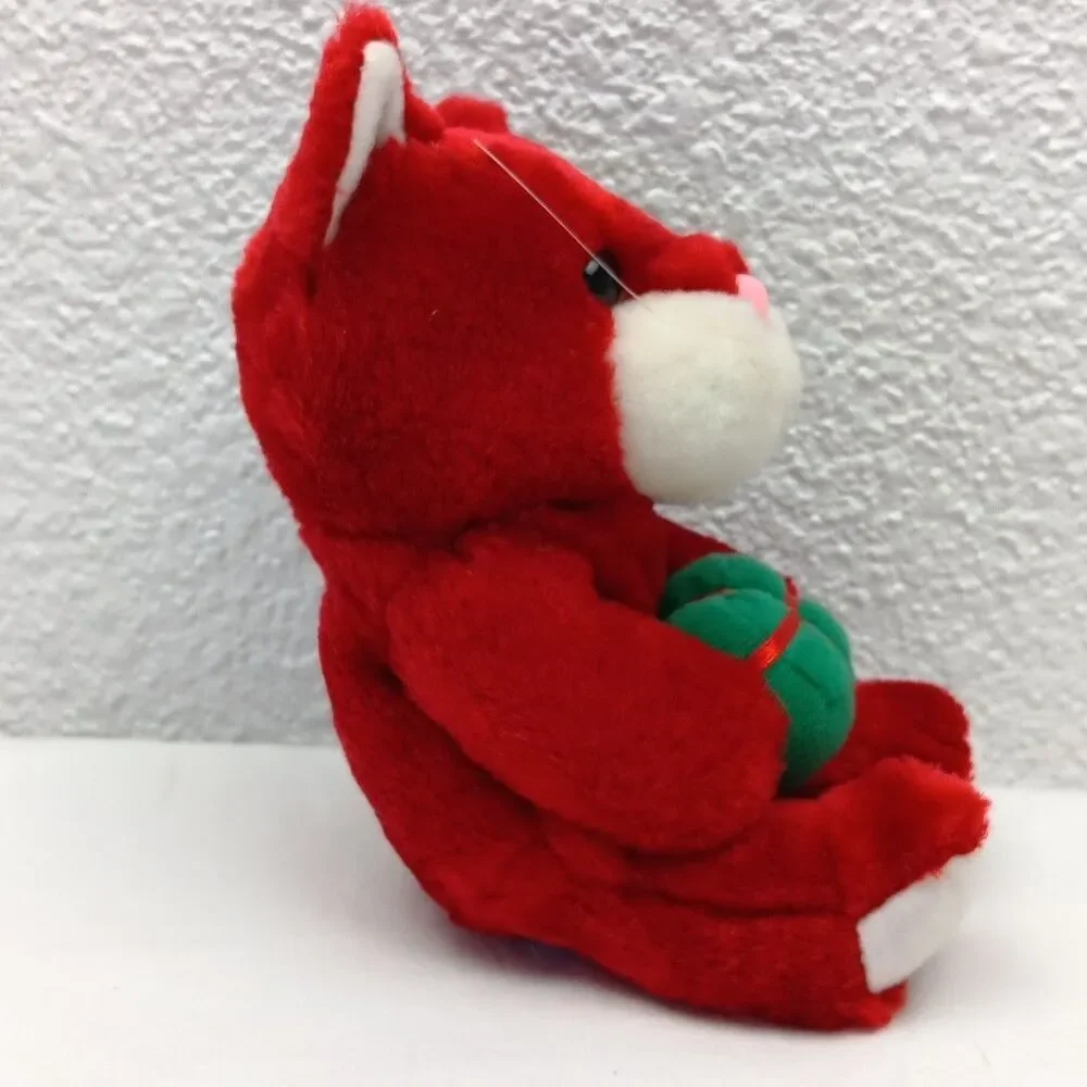 Red Plush Cat Holding Gift Sitting Stuffed Lux Fur Vintage Holding Gift